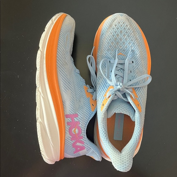 Hoka Shoes - Hoka Women’s Clifton 9 Running Shoes - Light Blue, Orange & Pink Accents